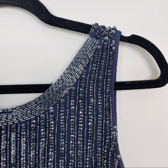 Cache 0 Sequin Silk Drop Waist Scoop Back Dress Navy Blue Cocktail Black Tie - Picture 3 of 11